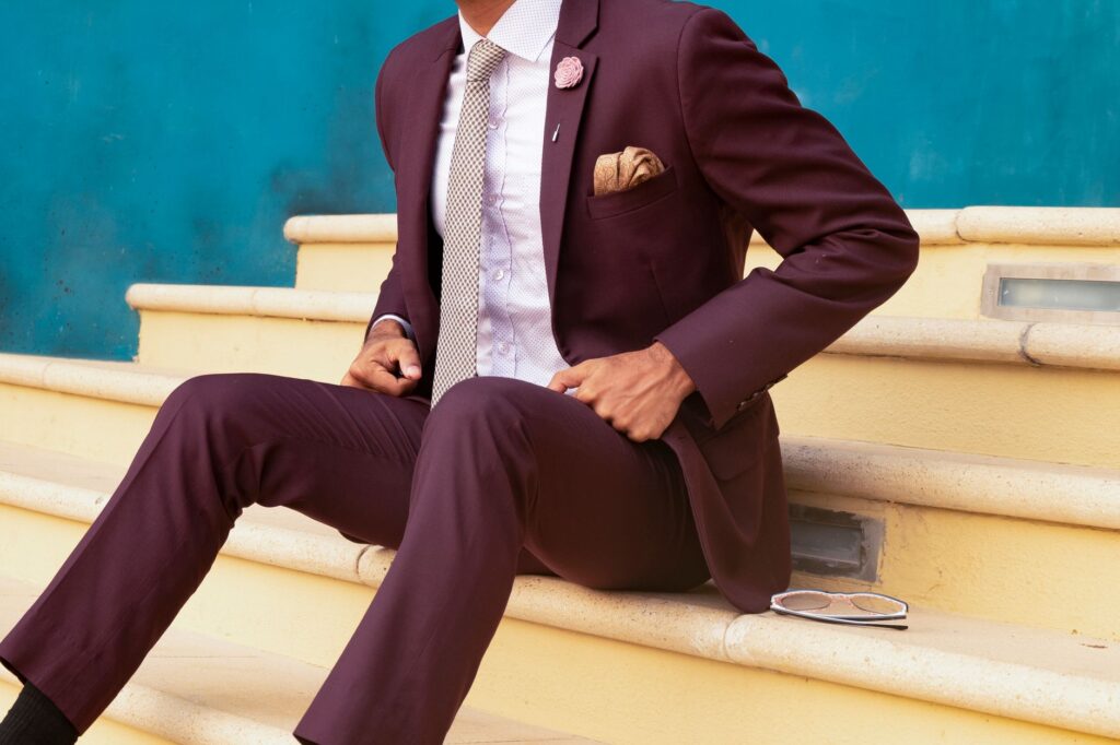 An outfit pairing tan and burgundy