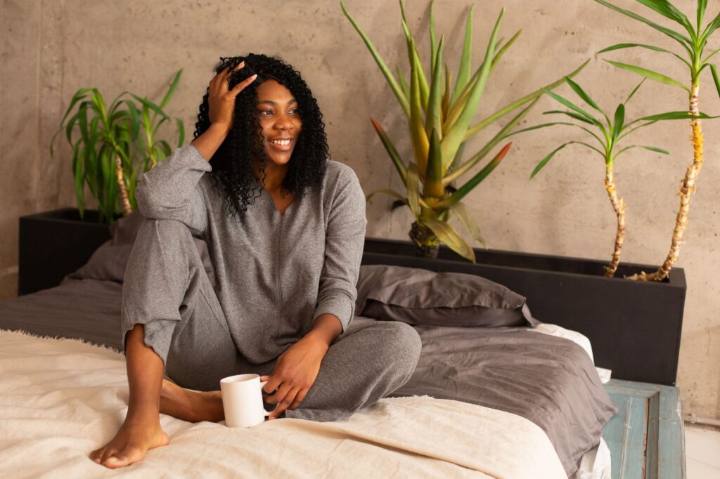 A woman in a cozy coordinated loungewear set