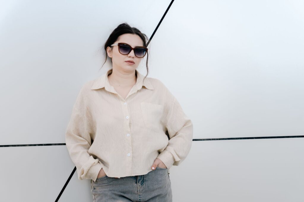 A woman in a chic neutral outfit