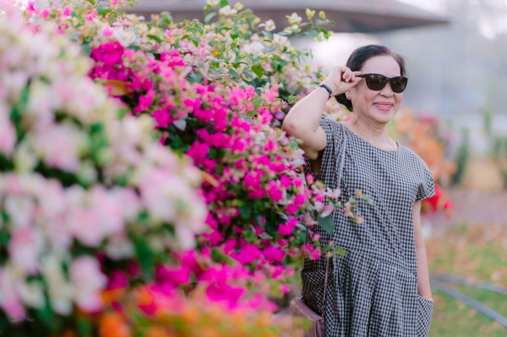 A woman in a floral spring dress