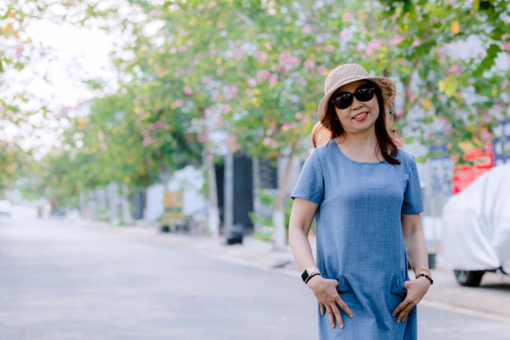 A woman in a breezy linen summer outfit