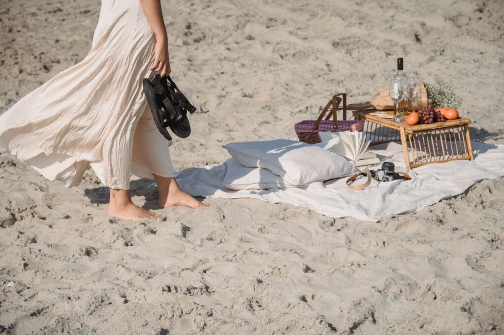 A woman in a breezy summer outfit