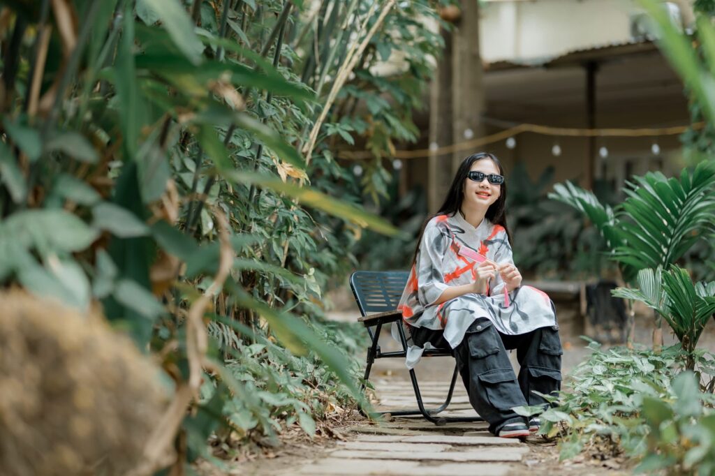 A woman in a comfortable, chic travel outfit
