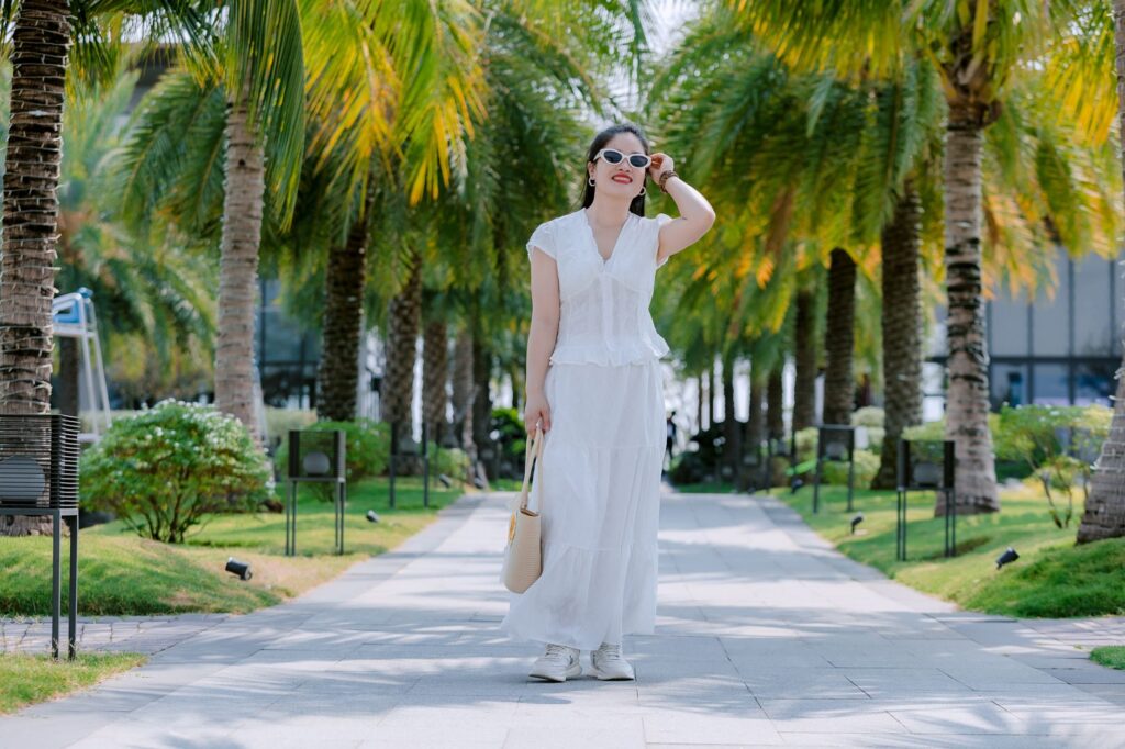 A woman in a chic vacation outfit