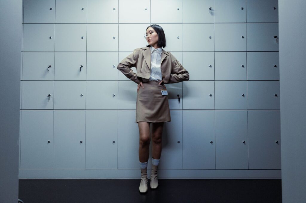 A mini skirt paired with a blazer for a polished office-appropriate look